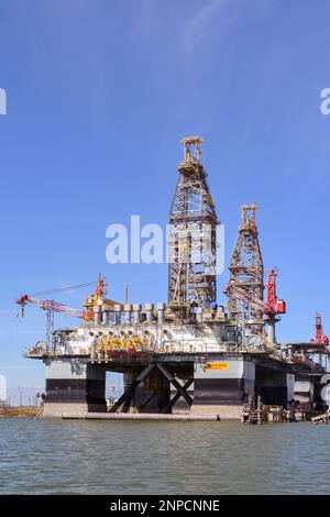 Galveston, Texas, USA - Febriuary 2023: Oil rig in the city's port for maintenance and repair Stock Photo