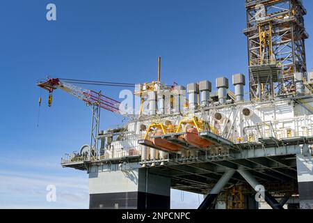 Galveston, Texas, USA - Febriuary 2023: Close up view of a large oil rig in the city's port for maintenance and repair. Stock Photo