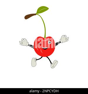 Cherry cartoon vector illustration. Cute Cherry character,  icon vector illustration. Character is cheerful with arms and legs. Set of fruits emoticon Stock Vector