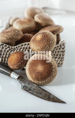 Organic shiitake mushrooms in a basket and with a knife. Mushrooms are ready for cooking, close-up. Stock Photo