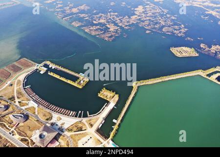 Beijing, China. 28th Mar, 2022. This aerial photo taken on March 28, 2022 shows the tourist dock of Baiyangdian Lake in Xiong'an New Area, north China's Hebei Province. Credit: Zhu Xudong/Xinhua/Alamy Live News Stock Photo