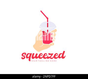 Hand holds a glass of freshly squeezed juice and a straw, logo design. Juice, drink, beverage, drinking, food and meal, vector design and illustration Stock Vector