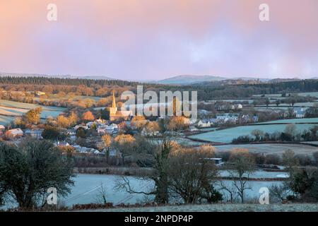 Winter sunrise at the village of Trellech in Monmouthshire. Stock Photo