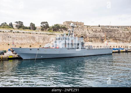 Offshore patrol vessel of the Armed Forces of Malta moored in port at Valletta. Stock Photo