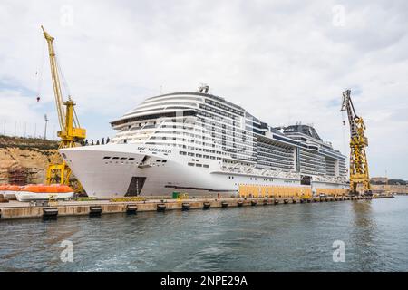 MSC Meraviglia seen undergoing work in a dry dock in Valletta in Malta. Stock Photo