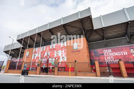 The Kop stand at Anfield stadium in Liverpool pictured from the other side of Walton Breck Road. Stock Photo