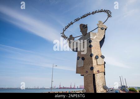 The Welcome to New Brighton statue seen marking the entrance to the seaside town on the Wirral near Liverpool. Stock Photo