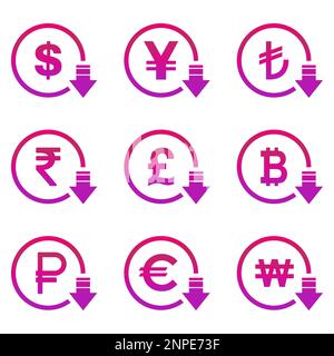 Cost reduction- decrease dollar euro icon. Vector symbol image isolated on background . Stock Vector