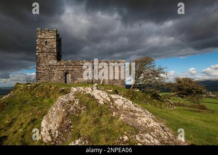 Stormy skies over St Michael's Church at Brent Tor on Dartmoor. Stock Photo