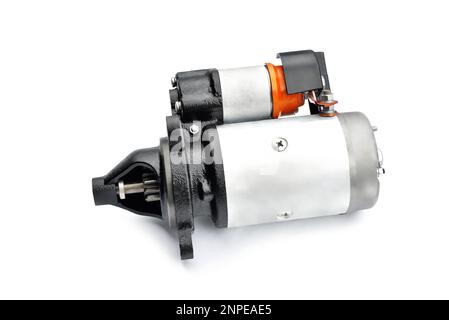Car starter, truck starter on a white background close up, selective focus Stock Photo