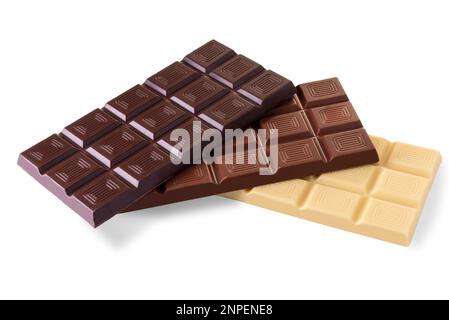 Dark chocolate bar above, milk chocolate bar in middle and white chocolate bar below, isolated on white with clipping path included Stock Photo