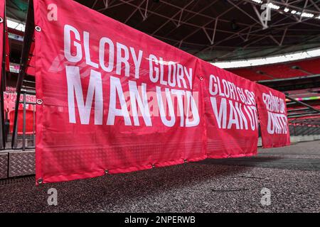 London, UK. 26th Feb, 2023. Manchester United banner during the Carabao Cup Final match Manchester United vs Newcastle United at Wembley Stadium, London, United Kingdom, 26th February 2023 (Photo by Mark Cosgrove/News Images) in London, United Kingdom on 2/26/2023. (Photo by Mark Cosgrove/News Images/Sipa USA) Credit: Sipa USA/Alamy Live News Stock Photo