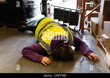 Accident in the work place, young woman lies injured after falling from step ladder onto the factory floor Stock Photo