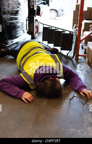 Accident in the work, place young woman lies injured after falling from step ladder onto the factory floor Stock Photo