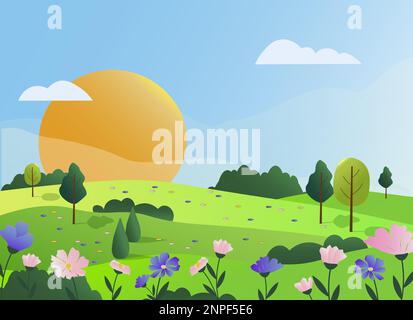 Spring landscape with trees and sun. Flowers and trees. Vector drawing in a flat style with gradients. Stock Vector