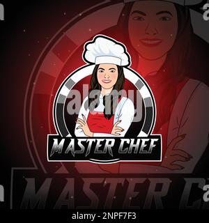 Girl chef mascot logo illustration with red apron Stock Vector