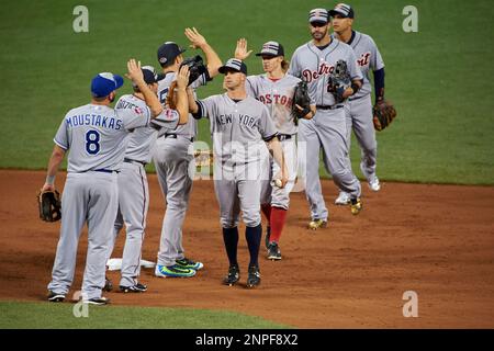 Brett Gardner Brock Holt J.D. Martinez Jose Iglesias high five Mike Moustakas Brian Dozier Mark Teixeira after closing out the MLB All Star Game on July 14 2015 at Great American Ball Park