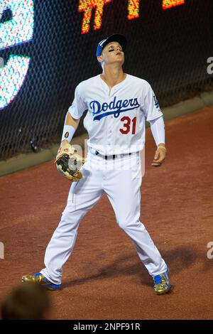 Los Angeles Dodgers Joc Pederson bats during the MLB All-Star Game on July  14, 2015 at Great American Ball Park in Cincinnati, Ohio. (Mike Janes/Four  Seam Images via AP Stock Photo 