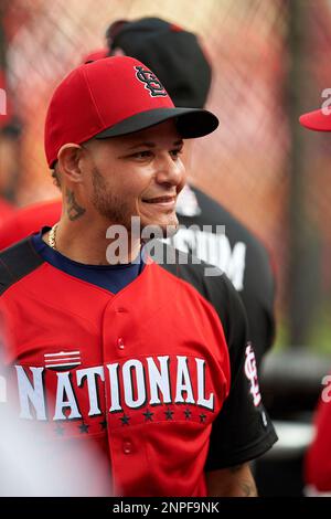 May 07 2022 San Francisco CA, U.S.A. St. Louis catcher Yadier Molina (4)  reacts after an infield out during MLB game between the St. Louis Cardinals  and the San Francisco Giants. The