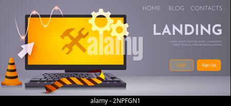 Computer with wrench and hammer on the screen. Computer repair service, maintenance, technical support. Website is under construction. Vector illustration Stock Vector