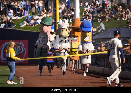 April 23, 2014 - Milwaukee, Wisconsin, United States of America - April 23,  2014: The sausage race during the Major League Baseball game between the Milwaukee  Brewers and the San Diego Padres