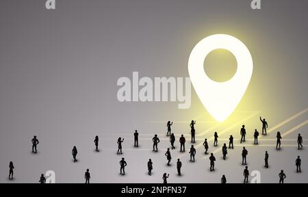 Large group of people stand in front of a glowing map marker. Concept of traveling and navigation. Vector illustration Stock Vector