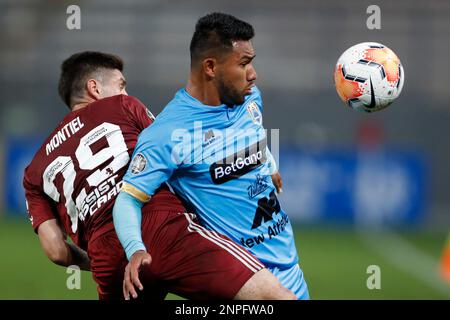 Gonzalo Montiel of Argentina's River Plate heads the ball during a