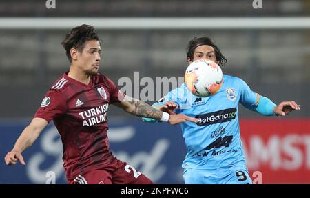 Gonzalo Montiel of Argentina's River Plate heads the ball during a