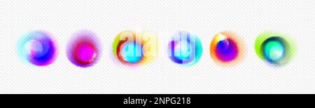 Realistic set of radial gradient spots isolated on transparent background. Vector illustration of rainbow color dots, light refraction effect, hologra Stock Vector