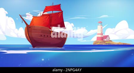 Sea landscape with lighthouse on island and ship with red sail. Cartoon vector background with house on rocky coast in ocean, wooden caravel. Beacon b Stock Vector