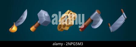 Cartoon set of game weapon or tools isolated on background. Vector illustration of medieval sharp iron knife or steel sword, saw , hammer and axe with Stock Vector