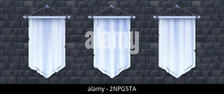 Blank vertical medieval flag mockup for game design. Isolated 3d white pennon hanging on stone wall background. Royal or knight vintage pennant with s Stock Vector