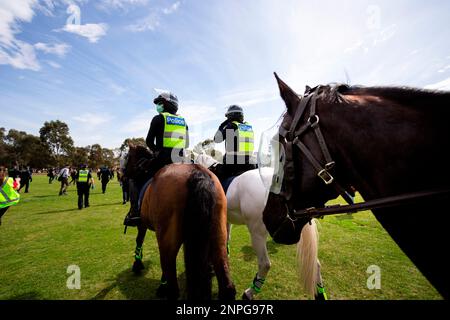 MELBOURNE, VIC - SEPTEMBER 19: Mounted Police walk through the Elsternwick park as they push protesters back during the Freedom protest on September 19, 2020 in Melbourne, Australia. Freedom protests are being held in Melbourne every Saturday and Sunday in response to the governments COVID-19 restrictions and continuing removal of liberties despite new cases being on the decline. Victoria recorded a further 21 new cases overnight along with 7 deaths. (Photo by Speed Media/Icon Sportswire) (Icon Sportswire via AP Images)