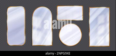 Set of isolated realistic mirror with gold frame on transparent background. Vector light reflection on glass surface. Cosmetic mockup interior pack in Stock Vector
