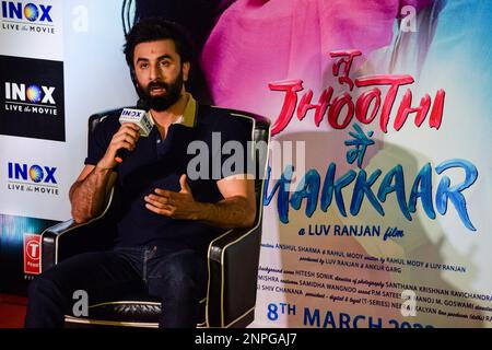 Kolkata, India. 26th Feb, 2023. Bollywood actor Ranbir Kapoor gestures as he speaks to the media during a promotional event of his upcoming film Tu Jhoothi Main Makkaar, in Kolkata on February 26, 2023. The 2023 Indian Hindi-language film, directed by Luv Ranjan, is going to be released on March 08, 2023. (Photo by Sankhadeep Banerjee/NurPhoto) Credit: NurPhoto SRL/Alamy Live News Stock Photo