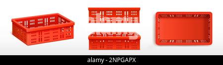 Vector set with red empty plastic crate front and side view. 3d vegetable box for grocery delivery. Reusable fruit storage in supermarket. Clean food Stock Vector