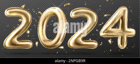 Vecteur Stock Happy New Year 2024. Golden 3D numbers with ribbons and  confetti , isolated on transparent background.