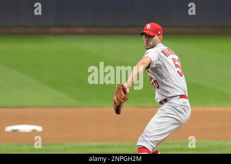 MILWAUKEE, WI - APRIL 14: St. Louis Cardinals starting pitcher Adam  Wainwright (50) waits for a sign during a game between the Milwaukee  Brewers and the St. Louis Cardinals at American Family