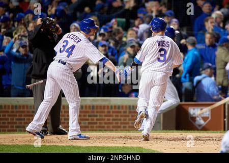 Chicago Cubs catcher David Ross (3) in the third inning during Game 5 of  the Major League Baseball World Series against the Cleveland Indians on  October 30, 2016 at Wrigley Field in