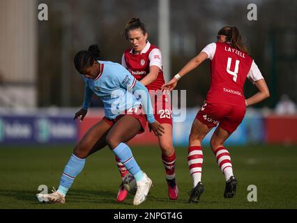 Manchester City's Khadija Shaw (left) battles for the ball with Bristol City's Grace Clinton (centre) and Naomi Layzell during the Vitality Women's FA Cup fifth round match at the Robins High Performance Centre, Bristol. Picture date: Sunday February 26, 2023. Stock Photo