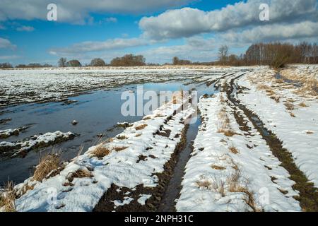 Melting snow on the field and rural road, Zarzecze, Poland Stock Photo