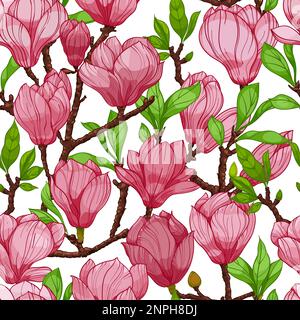 pink magnolia flowers, seamless pattern. hand drawn illustration Stock Vector