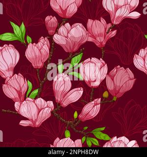 pink magnolia flowers, seamless pattern. hand drawn illustration Stock Vector