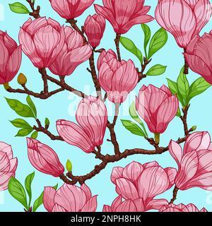 pink magnolia flowers, seamless pattern. hand drawn illustration Stock Vector