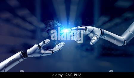 3d rendering robot finger touching on virtual digital world holding by other robot's hand holding on blue background. Ai futuristic robotic cyborg on Stock Photo