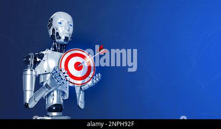 3d rendering smart robot showing virtual red business target icon, holding by hands with digital data on blue background with copy space. Ai robotic, Stock Photo