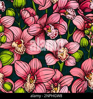 Pink orchids, seamless vector pattern. hand drawn illustration Stock Vector