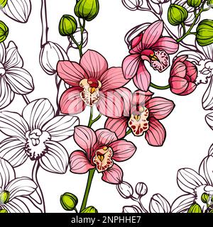Pink orchids on white background, seamless vector pattern. hand drawn illustration. Stock Vector