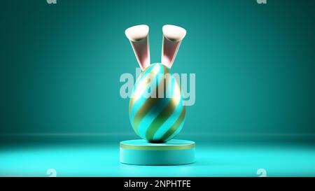 Easter egg in rabbit ears on a podium, turquoise blue background.3d rendering Stock Photo