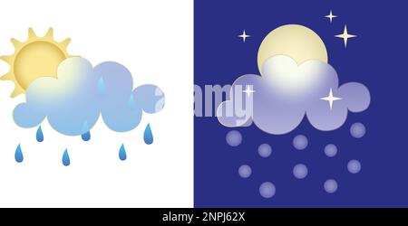 Set of weather icons. Glassmorphism style symbols for meteo forecast app Elements Isolated on white background Day and night autumn winter season Stock Vector